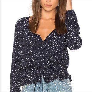 Rails Black White Heart Print Long Sleeve V-Neck Button Front Ruffle Hem Blouse‎